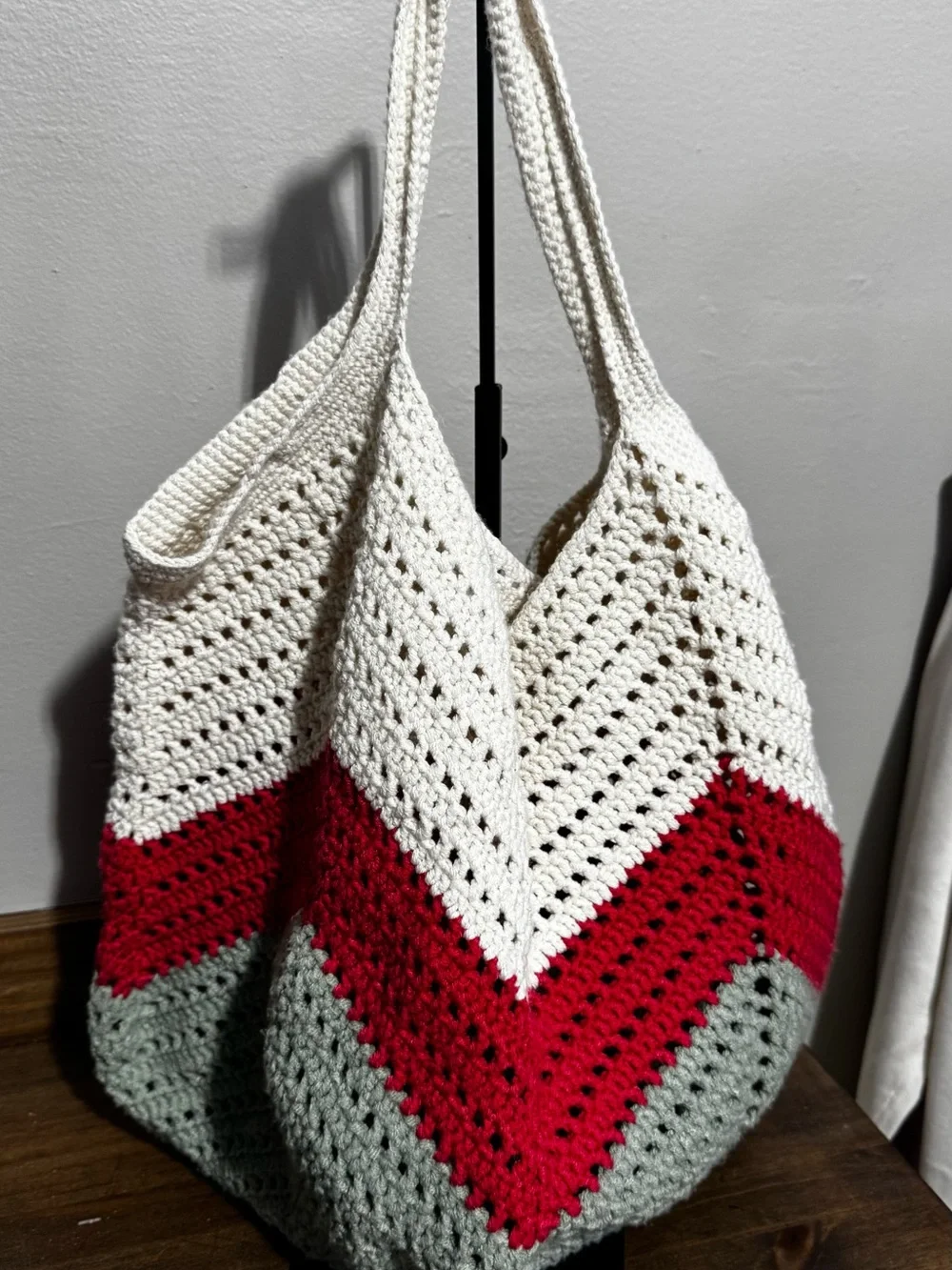 Handmade Crochet Hobo Tote Bag Boho Knit Shoulder Bag Cream Red Gray